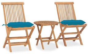 vidaXL 3 pcs conj. jantar dobrável exterior c/ almofadão teca maciça