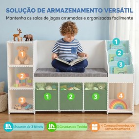 Estante Infantil para Brinquedos com Canto de Leitura Almofada 3 Gavetas de Tecido 3 Prateleiras 4 Compartimentos 137x40x80 cm Branco