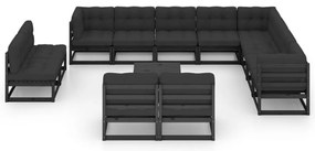 13 pcs conjunto longue jardim c/ almofadões pinho maciço preto