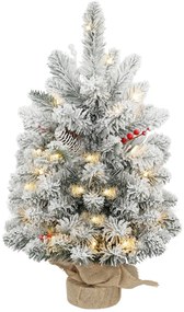 HOMCOM Mini Árvore de Natal Artificial com 35 Luzes LED 60 cm com 72 Ramos com Neve Pinhas Bagas e Base de Saco de Juta Ø37x60 cm Verde