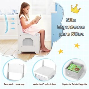 Toucador infantil de canto com luzes e cadeira princesa com 3 estantes de armazenamento 5 compartimentos abertos Acessórios Branco e Azul