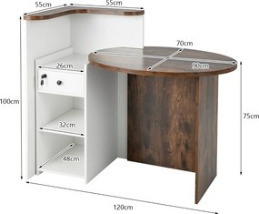Balcão de recepção ovalada 120 x 70 x 100 cm, gaveta com fechadura e prateleira ajustável para escritório ou comércio, castanho rústico e branco