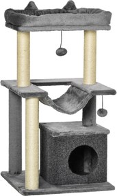 Arranhador para Gatos de 3 Níveis com Caverna Rede Plataforma Bolas Suspensas e Poste de Sisal 48x48x90 cm Cinza
