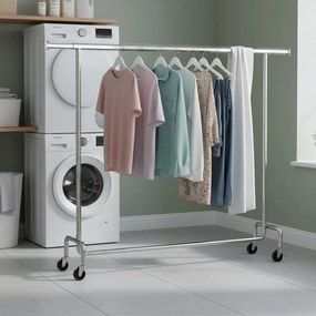 Cabide guarda roupa com rodas 45 x (160-200) x 162,9 cm, barra extensível, capacidade de carga até 110 kg prateado