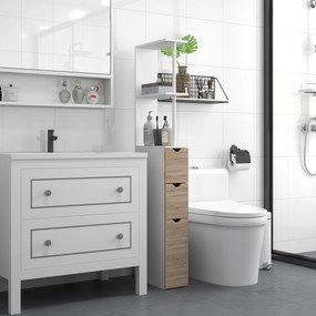 Coluna de Casa de Banho Moderna Auxiliar com 2 Prateleiras, 2 Gavetas e 1 Porta Antiviragem 15x33x136,8 cm Madeira Natural