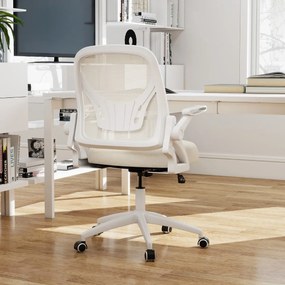 Cadeira de escritório ergonómica com apoio lombar integrado, apoios de braços rebatíveis, rodas universais, altura ajustável, bege