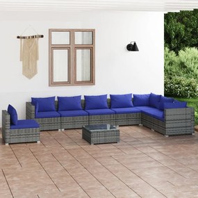 9 pcs conjunto lounge de jardim c/ almofadões vime PE cinzento