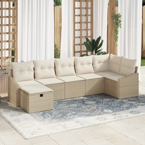 Conjunto de Sofá de Jardim 7 Peças com Almofadas Bege Rattan Poly