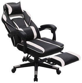 Cadeira de gaming fixe ergonómica de couro sintético a preto e branco