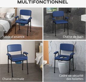 Cadeira sanitária multifunções com balde removível, altura ajustável, encosto, assento e braços almofadados, azul