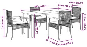 5 pcs conjunto de jantar p/ jardim c/ almofadões vime PE preto