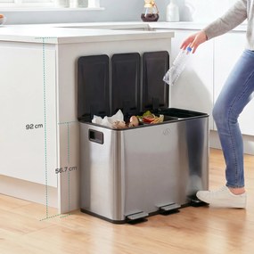 Caixote do lixo de cozinha, caixote do lixo para separação seletiva, 3 compartimentos de 20 L, baldes interiores removíveis, 61,9 x 36,6 x 56,7 cm, pr