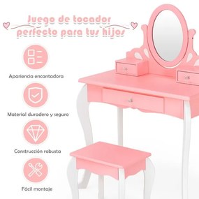 Conjunto de Toucador e Banco para Crianças Mesa de Maquilhagem para Princesas para Meninas com Espelho Rotativo 360° Removível 3 Gavetas Rosa e Branco