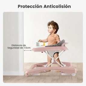 Andarilho dobrável para bebés 0-24 meses Centro de actividades com 3 alturas ajustáveis Assento almofadado Andarilho com rodas Rosa