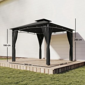 Tenda de jardim 3x3 m para exterior com estrutura retrátil e cobertura dupla UV50+ impermeável, cinza antracite