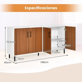 Aparador Buffet para Sala com Armário de Serviço Buffet 4 Portas e Estrutura de 5 Pernas para Cozinha Sala 148 x 40 x 75,5cm Nogueira e branco