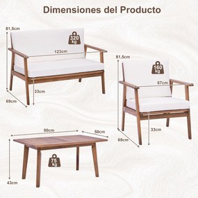 Conjunto de 4 peças: 2 cadeiras simples, 1 sofá de dois lugares e 1 mesa de centro com braços e assento acolchoado branco