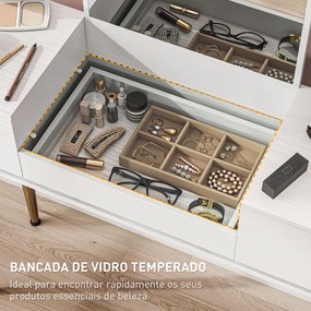 Toucador de Maquilhagem com Espelho Bancada de Vidro 3 Gavetas Mesa de Maquilhagem Moderna 105,5x30x130,5 cm Branco