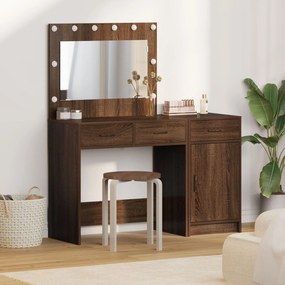Conjunto de Mesa de Maquiagem de 2 Peças com LED em Madeira de Carvalh