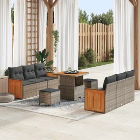 vidaXL Conjunto de Sofá de Jardim de 9 Peças com Almofadas Cinza Rattan Acácia