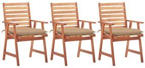 vidaXL Cadeiras de jantar p/ jardim 3 pcs c/ almofadões acácia maciça