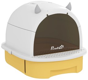 PawHut Caixa de Areia para Gatos Fechada com Tampa e Bandeja Amovíveis Filtro de Carvão e Pá 40,5x52x39 cm Branco e Amarelo | Aosom Portugal
