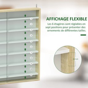 Vitrine para coleção, vitrine de parede, 80 x 9,5 x 83 cm, 6 prateleiras com altura ajustável, 2 portas de correr em vidro branco, e cor carvalho