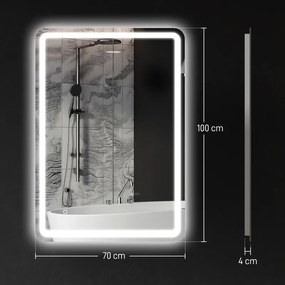 Espelho Casa de Banho com Luzes LED 70x100 cm Função Antiembaciamento 3 Temperaturas de Cor Ajustável e Função de Memória Prata