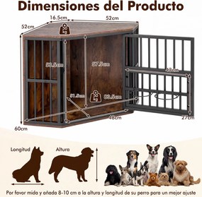 Jaula de Canto para Cães, 90 x 55 x 60 cm, Tampo Amplo, Castanho
