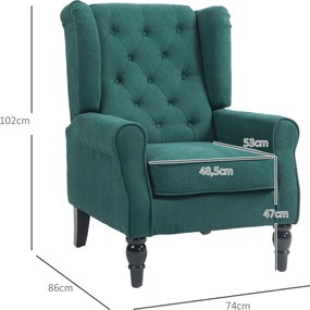 Poltrona de sala estofada com assento largo, pés de madeira, estilo clássico, grande conforto, 74 x 86 x 102 cm, verde