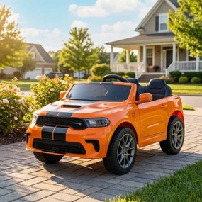 Carro elétrico para Crianças 2 a 5 anos, 12V Dodge Durango Rodas de espuma EVA, assento Couro ecológico e Comando Laranja