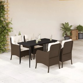 5 pcs conjunto jantar p/ jardim c/ almofadões vime PE castanho