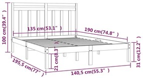 Estrutura de cama casal 135x190 cm madeira maciça cinzento