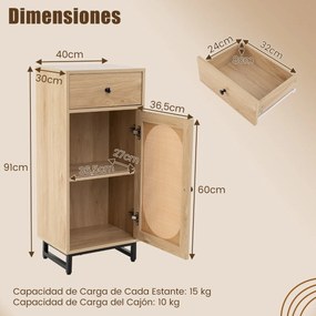 Armario arrumação de rattan PE com gaveta deslizante Porta de rattan PE Suporte metálico com pernas ajustáveis para sala de estar Quarto Hall de entra