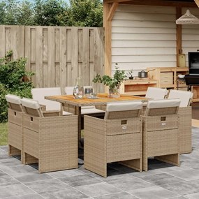vidaXL 9 pcs conjunto de jantar p/ jardim com almofadões vime PE bege