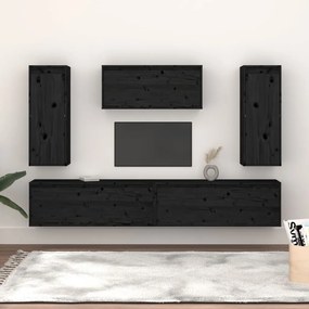 Móveis de TV 5 pcs madeira de pinho maciça preto