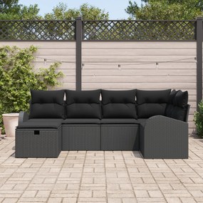 Conjunto de Sofá de Jardim de 6 Peças com Almofadas Preto Poliratã