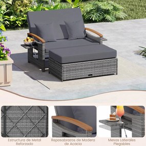 Conjunto de Sofá-Cama de Jardim de 2 Lugares, Otomana e 2 Mesas Laterais Dobráveis, 164 x 72-111 x 54,5-88 cm, Encosto Ajustável em 4 Níveis, Cinzento