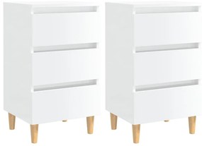 Mesas cabeceira pernas madeira 2pcs 40x35x69cm branco brilhante