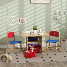 Mesa infantil com 2 cadeiras – conjunto de 3 peças em madeira com 4 caixas de arrumação em madeira natural