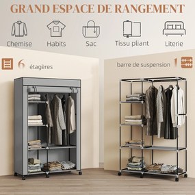 Guarda roupa em tecido, móvel de arrumação com 6 rodas, varão para roupa e prateleiras abertas, 103 x 43 x 162,5 cm, cinzento