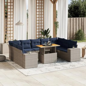 vidaXL 10 pcs conjunto sofás p/ jardim c/ almofadões vime PE cinzento