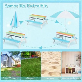 Mesa de piquenique para crianças 3 em 1 com guarda-sol removível e altura ajustável de 117-187 cm para jardim Multicolorido