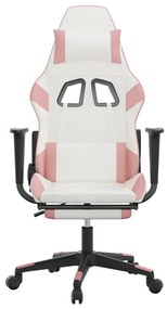 Cadeira gaming com apoio p/ pés couro artificial branco e rosa