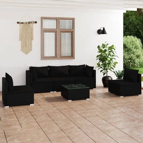 6 pcs conjunto lounge de jardim c/ almofadões vime PE preto