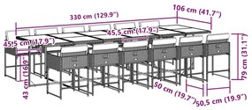 13 pcs conjunto jantar p/ jardim c/ almofadões vime PE cinzento