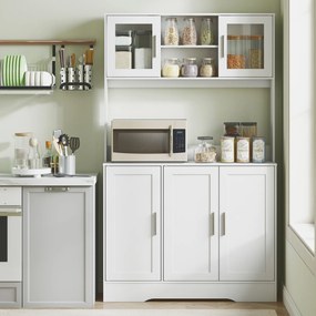 Armário de cozinha de estilo escandinavo 108 x 35 x 180 cm, compartimentos abertos, portas de vidro e bancada, branco