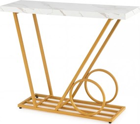 Mesa Consola moderna 100 x 29,5 x 81 cm com tampo em mármore sintético e Estrutura metálica para corredor, sala de estar ou entrada, Branca e Dourada