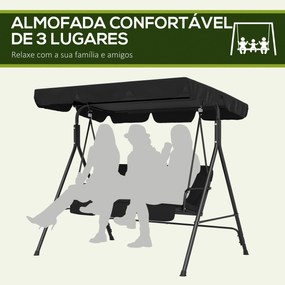 Baloiço de Jardim de 3 Lugares com Almofada Toldo Ajustável e Estrutura de Aço para Balcão Terraço 172x110x153 cm Preto