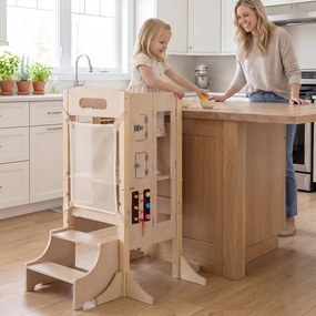 Torre de Aprendizagem Infantil Dobrável, 83,5 x 73 x 93 cm, 3 Níveis Ajustáveis, Natural
